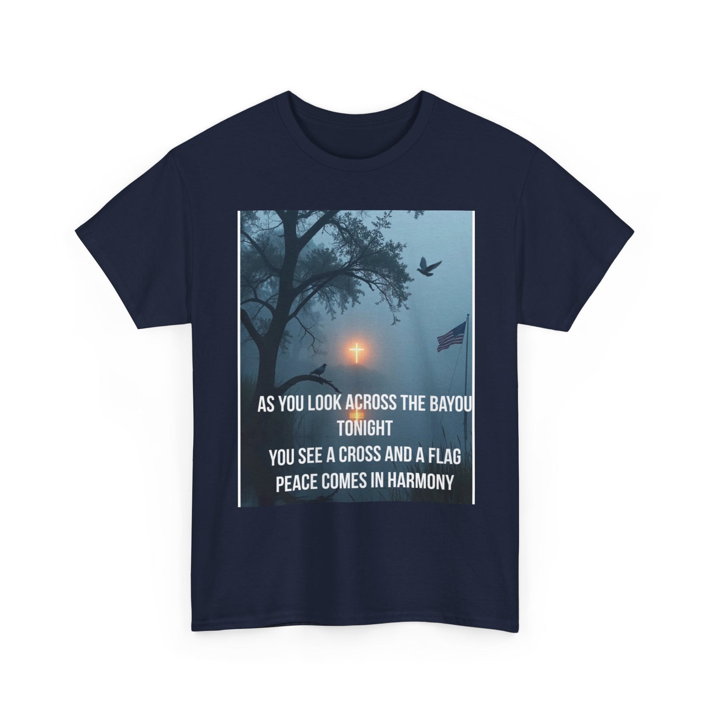 T-Shirt — Bayou Sunset Cross & Flag Graphic Tee ("As You Look Across the Bayou Tonight")
