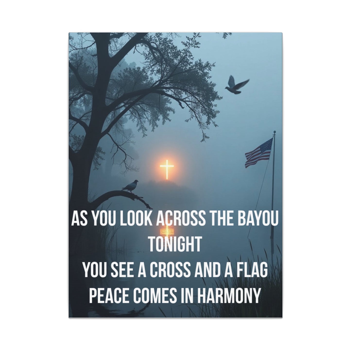 Bayou Cross & Flag Matte Canvas Wall Art – Inspirational Patriotic Christian Quote