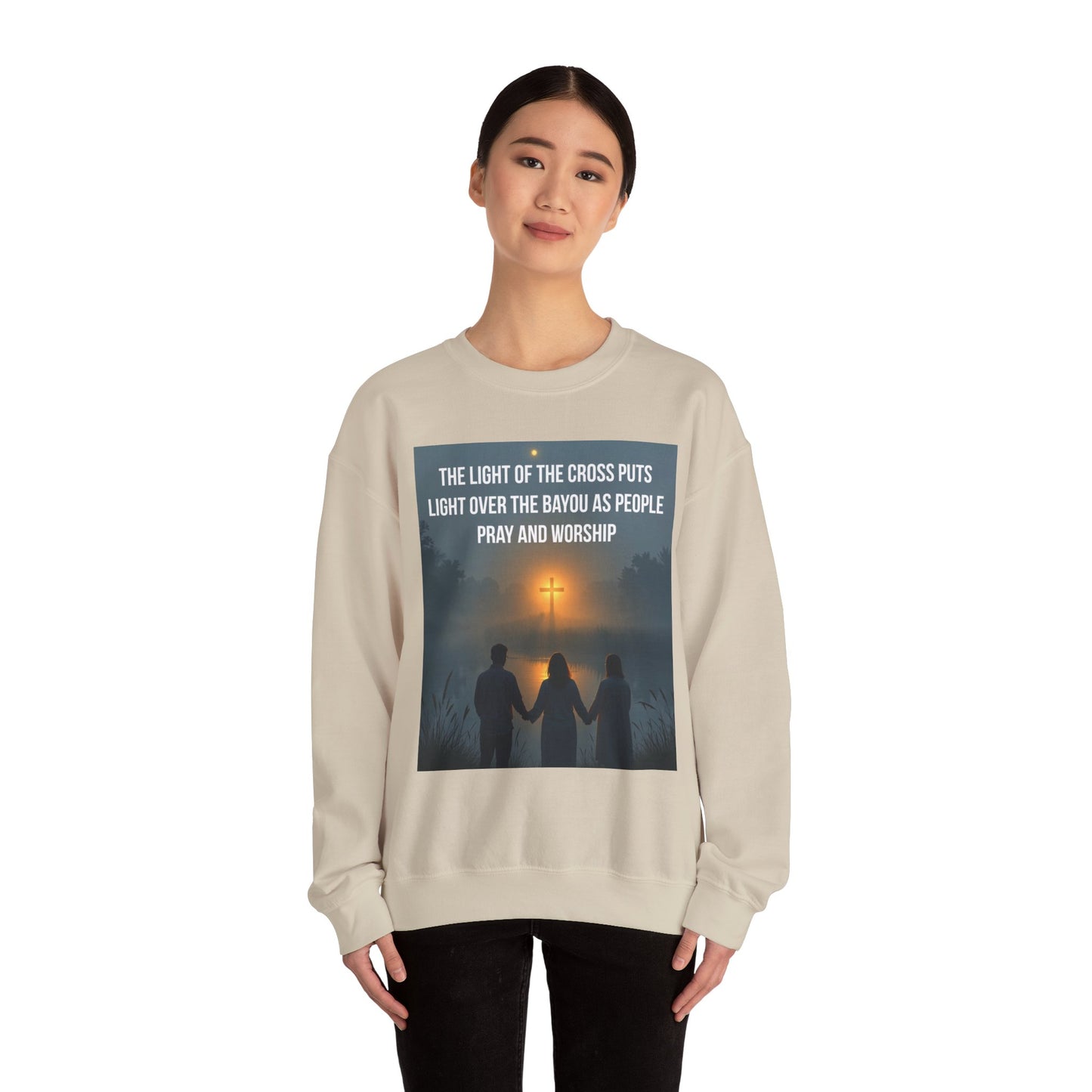 Christian Crewneck Sweatshirt — "The Light of the Cross Puts Light Over the Bayou" Graphic