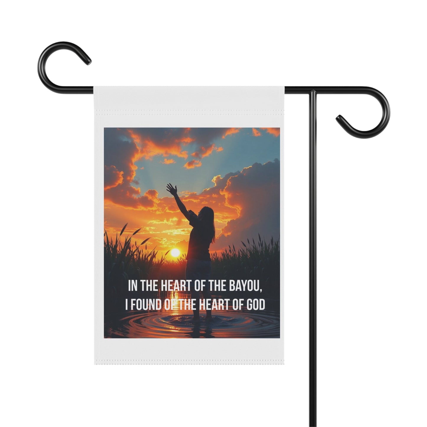 Bayou Sunset Garden Flag — "In the Heart of the Bayou, I Found of the Heart of God" Spiritual Outdoor Banner