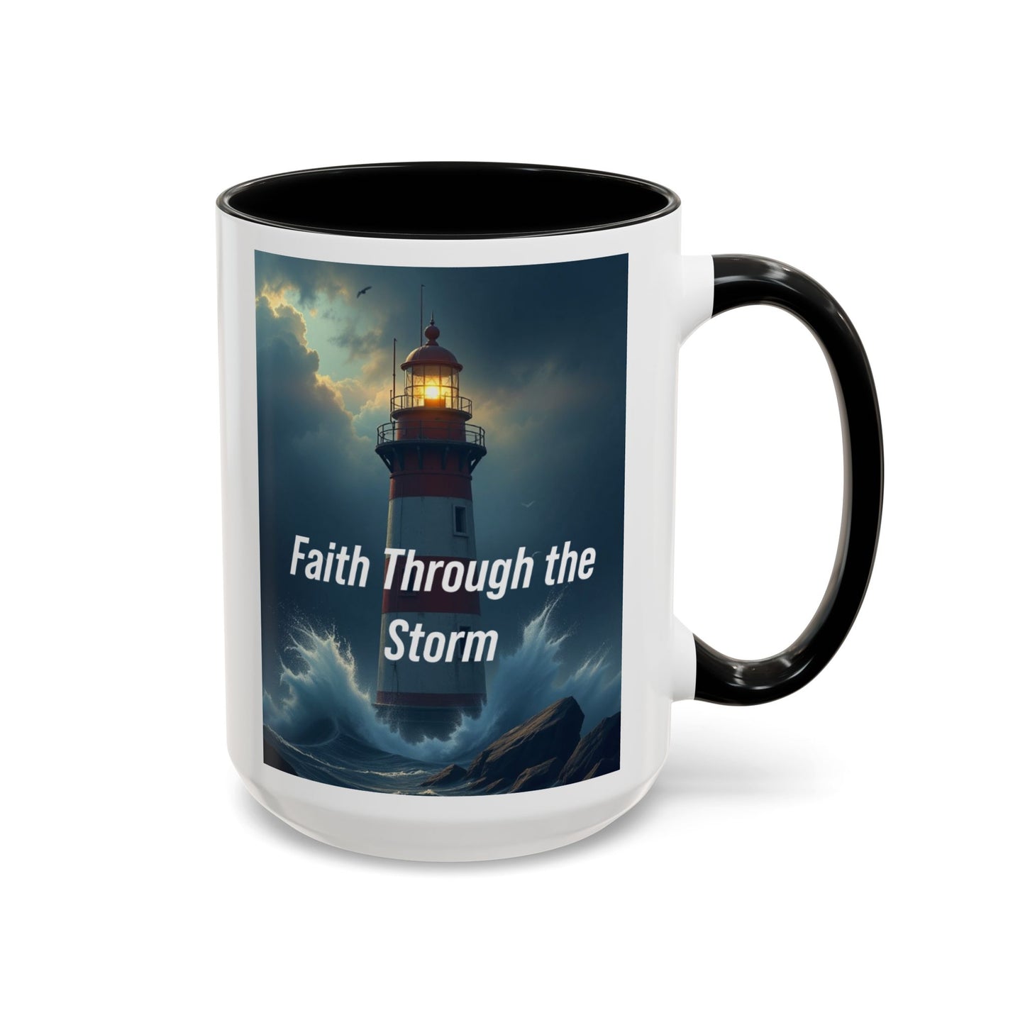 Faith Through the Storm Lighthouse Coffee Mug - Inspirational Ceramic Accent Mug