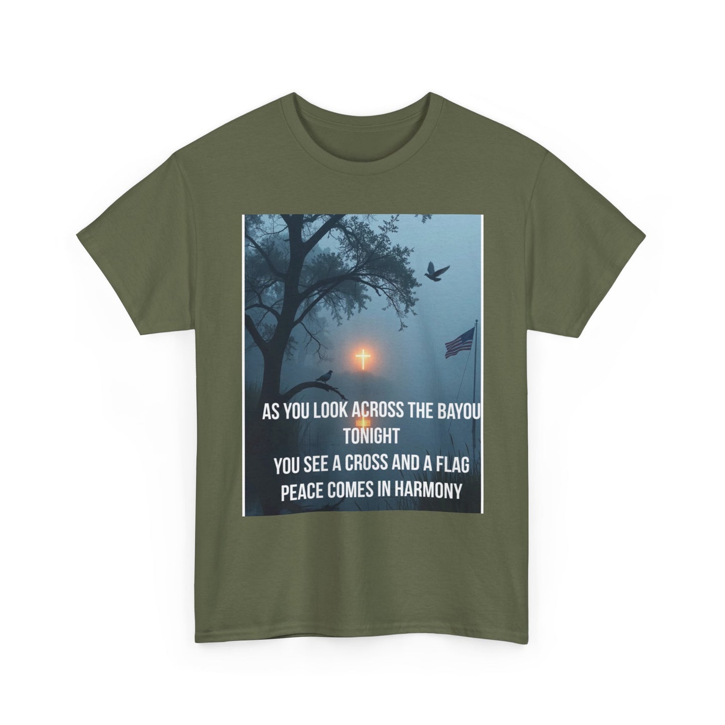T-Shirt — Bayou Sunset Cross & Flag Graphic Tee ("As You Look Across the Bayou Tonight")