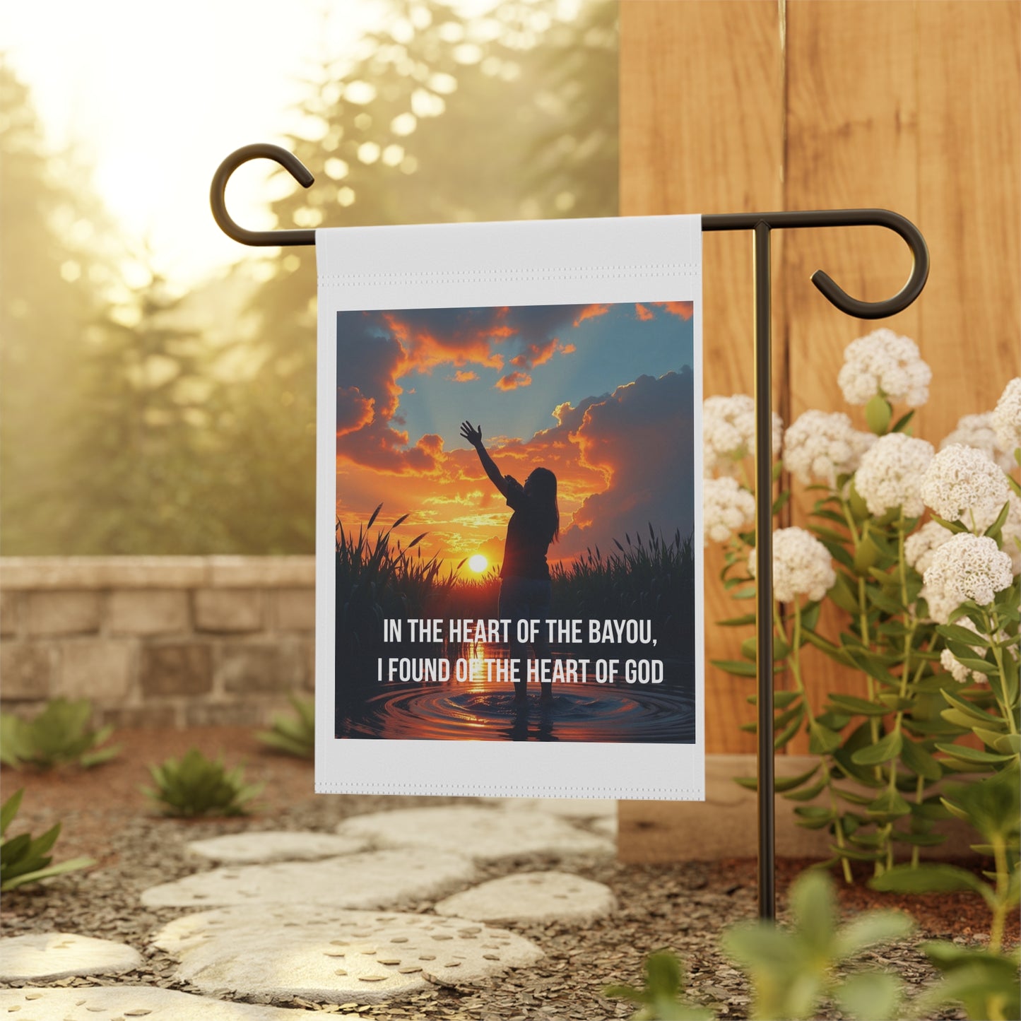 Bayou Sunset Garden Flag — "In the Heart of the Bayou, I Found of the Heart of God" Spiritual Outdoor Banner