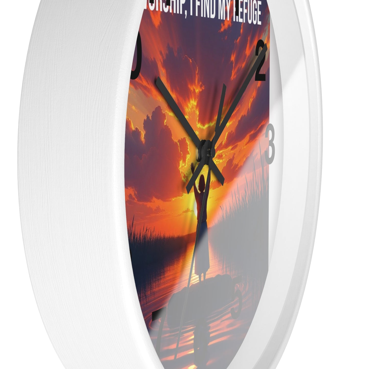 Wall Clock — "In Worship, I Find My Refuge" Sunset Silhouette Christian Clock