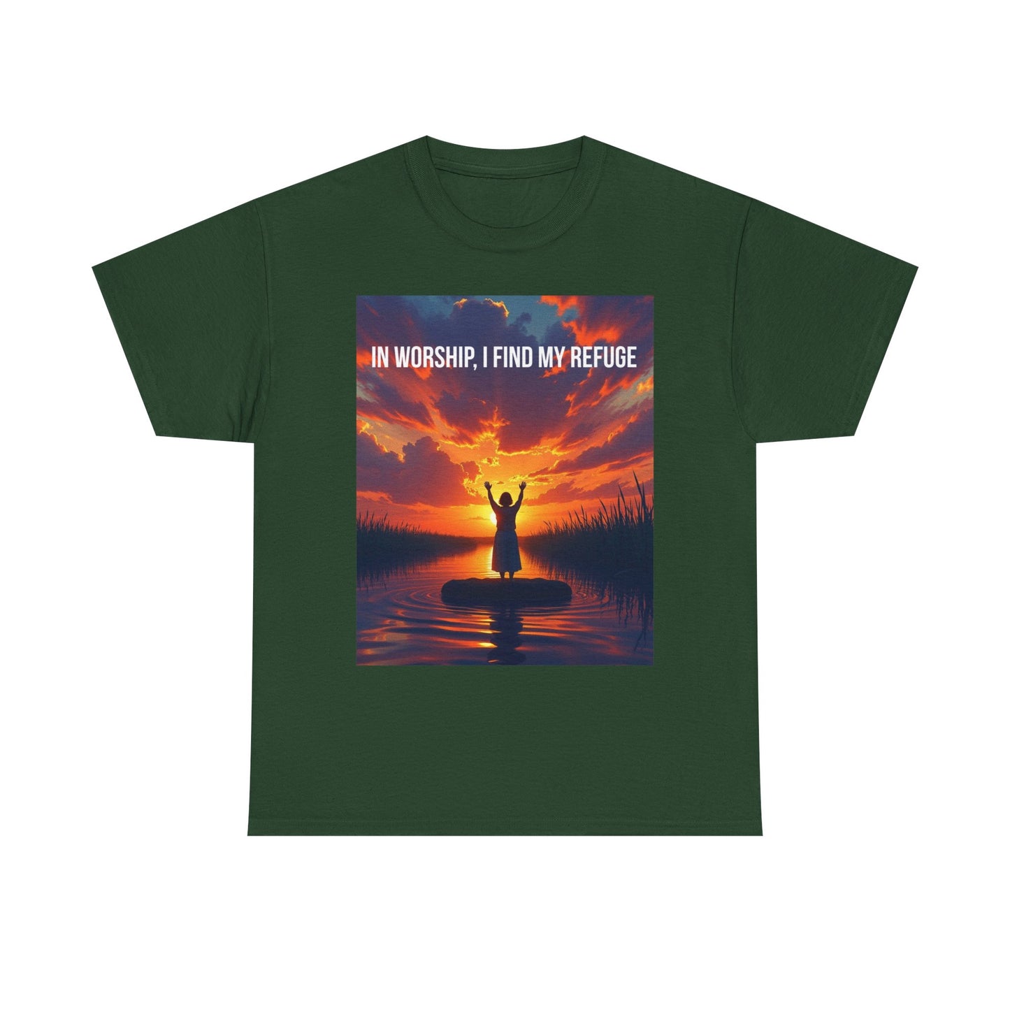 Worship Refuge T-Shirt — "In Worship, I Find My Refuge" Sunset Silhouette Christian Tee