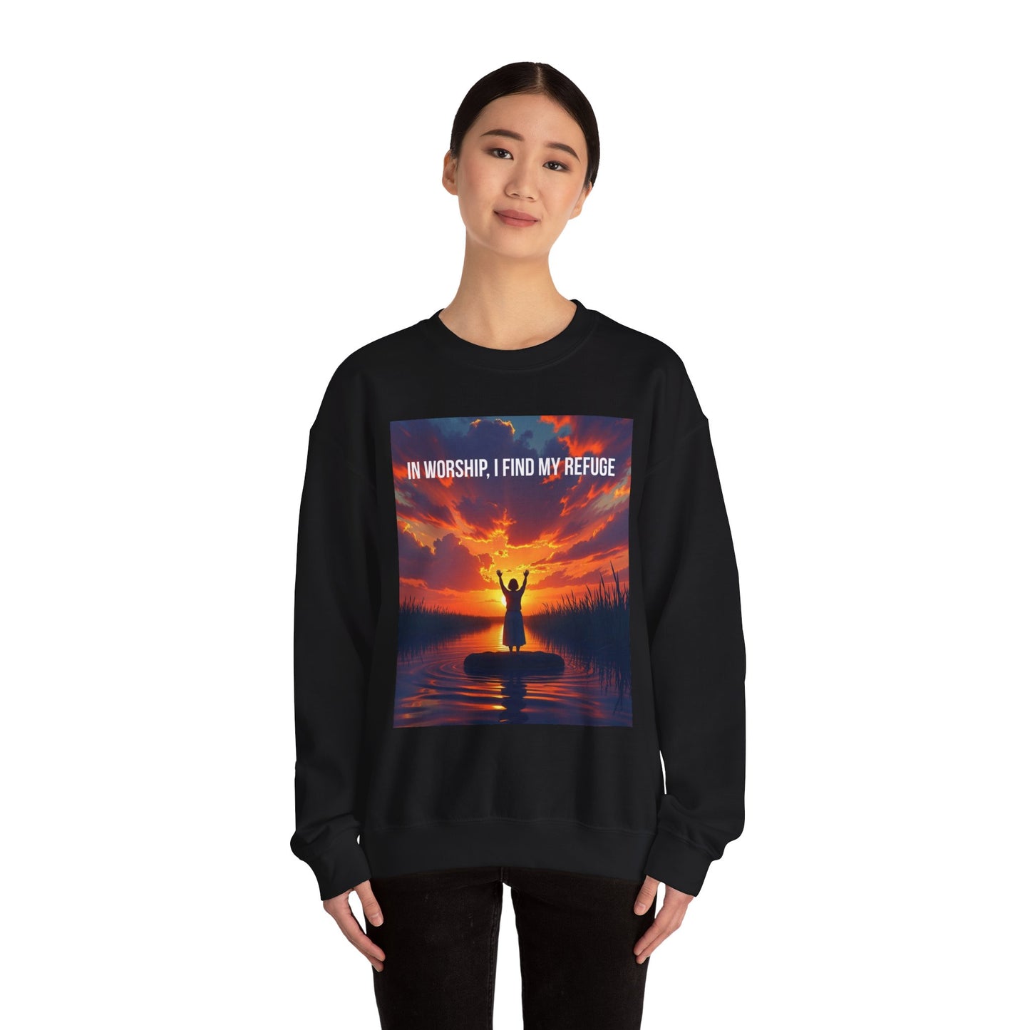Worship Refuge Crewneck Sweatshirt — "In Worship, I Find My Refuge" Inspirational Faith Sweatshirt
