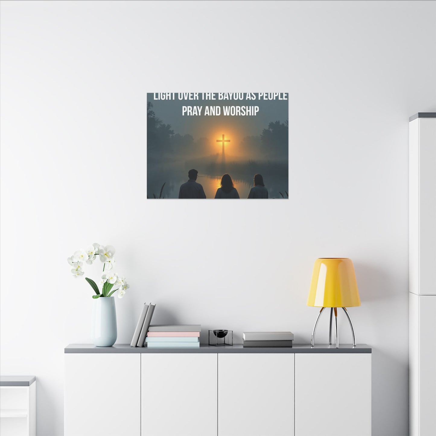 Faith Wall Art Canvas — “The Light of the Cross Puts Light Over the Bayou as People Pray and Worship”