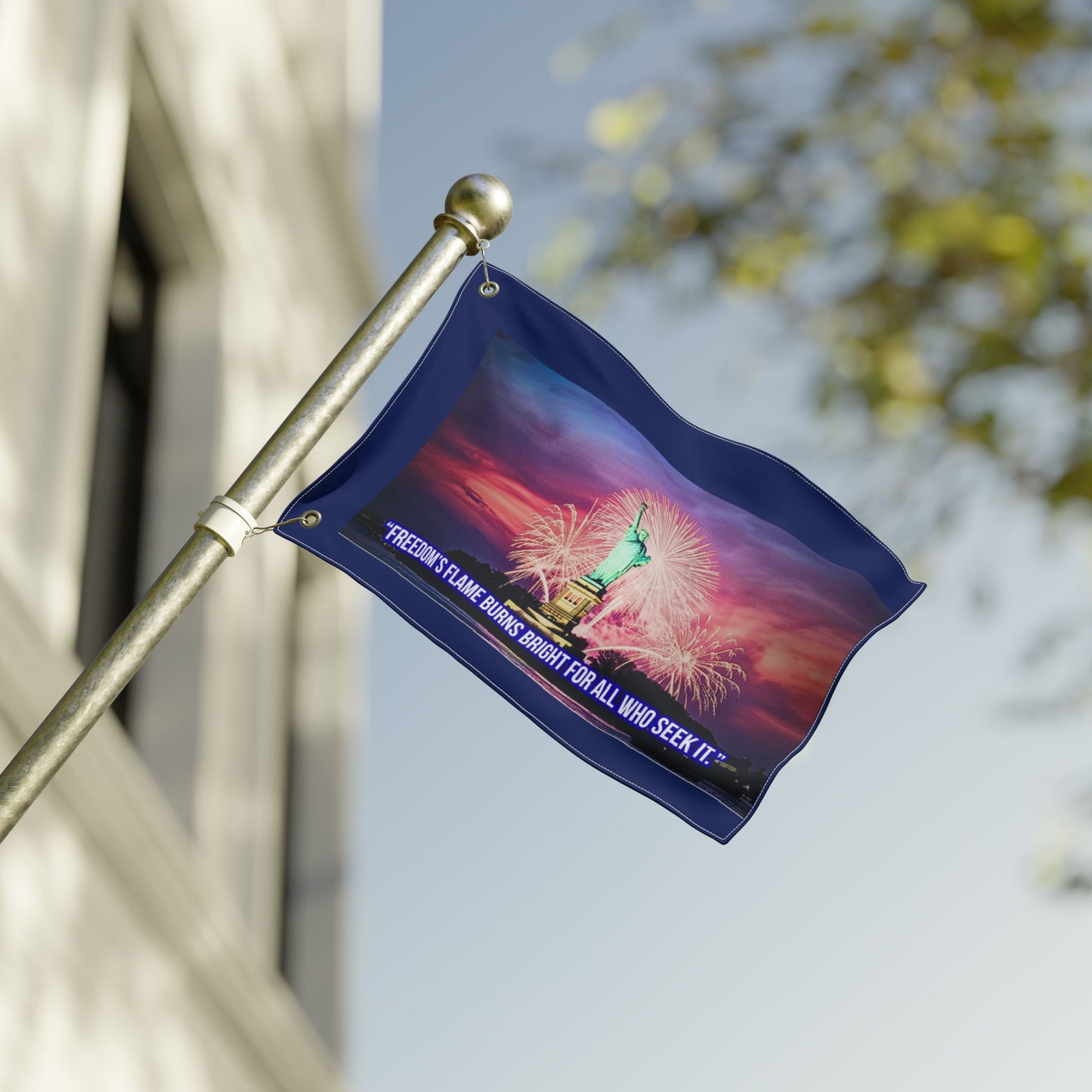 Double-Sided Flag - Statue of Liberty Fireworks Design with Quote "Freedom's Flame Burns Bright For All Who Seek It" — Patriotic [...]