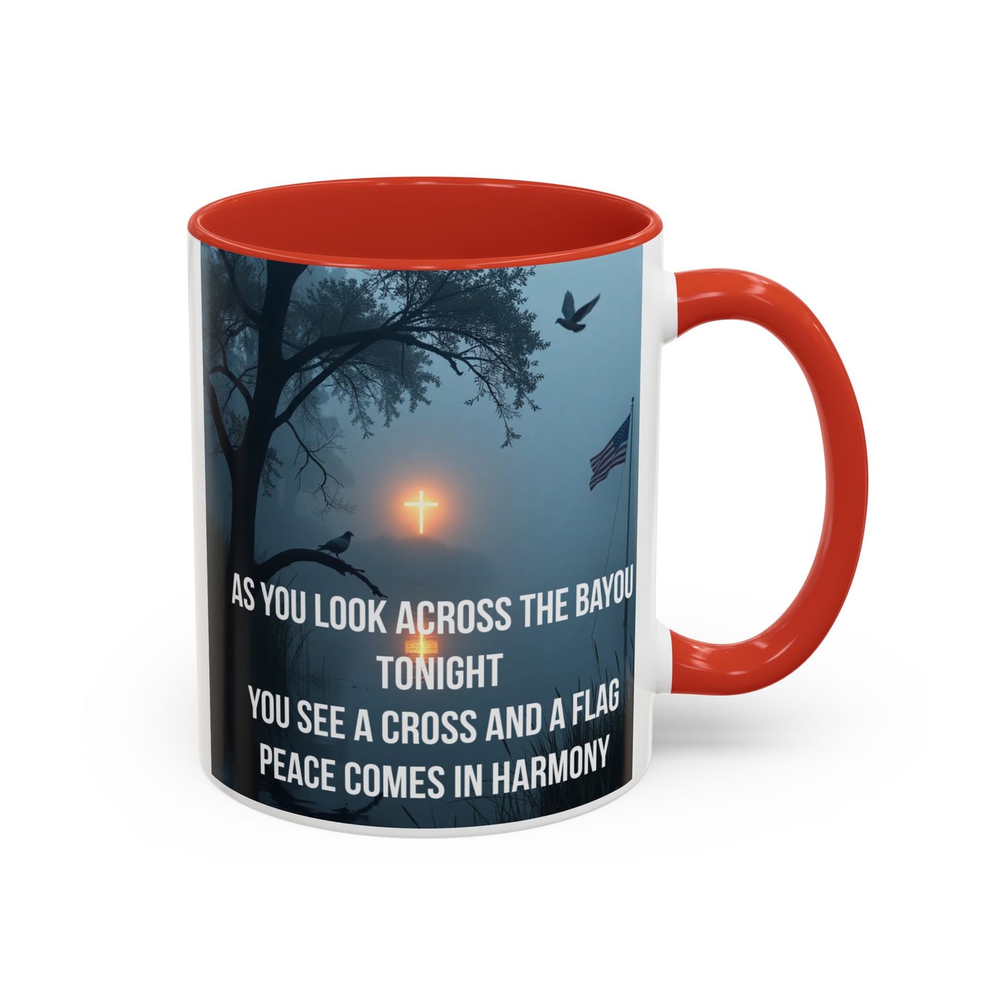 Bayou Cross & Flag Coffee Mug — Inspirational Southern Scene with Peaceful Verse (11/15 oz)