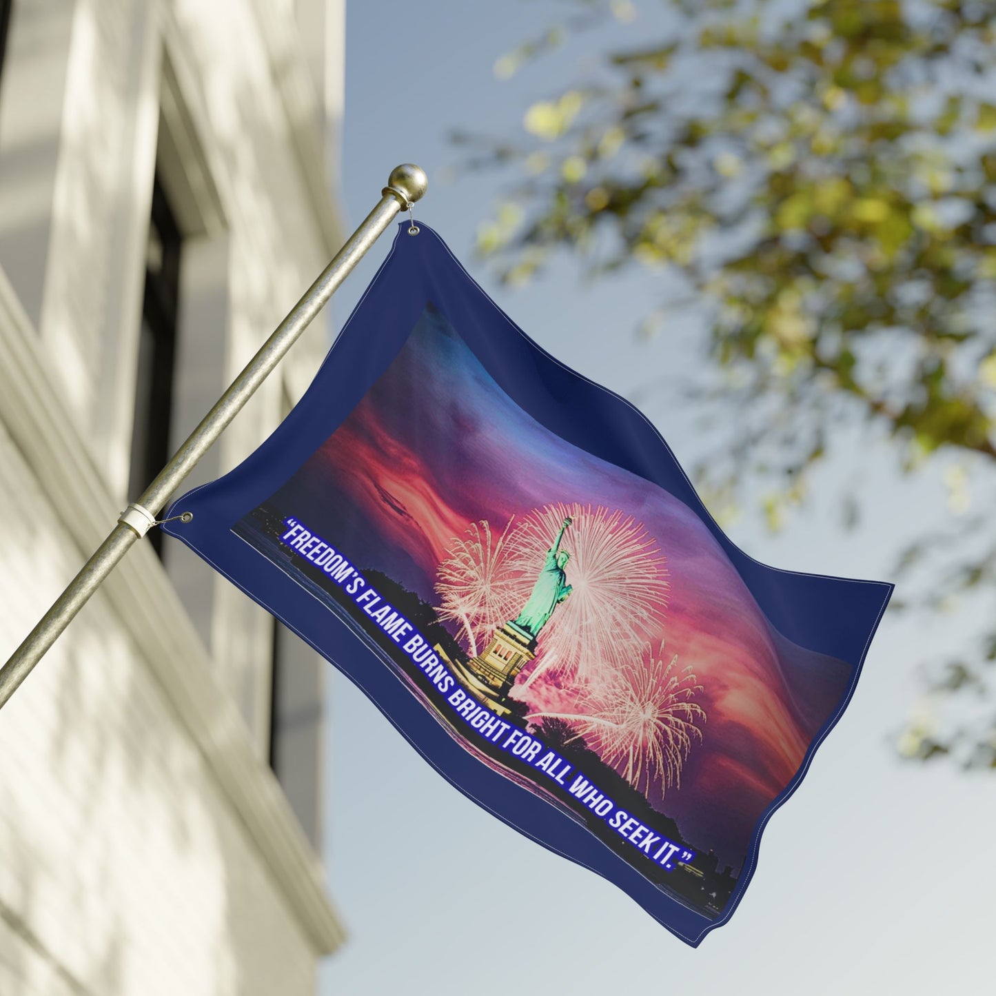 Double-Sided Flag - Statue of Liberty Fireworks Design with Quote "Freedom's Flame Burns Bright For All Who Seek It" — Patriotic [...]
