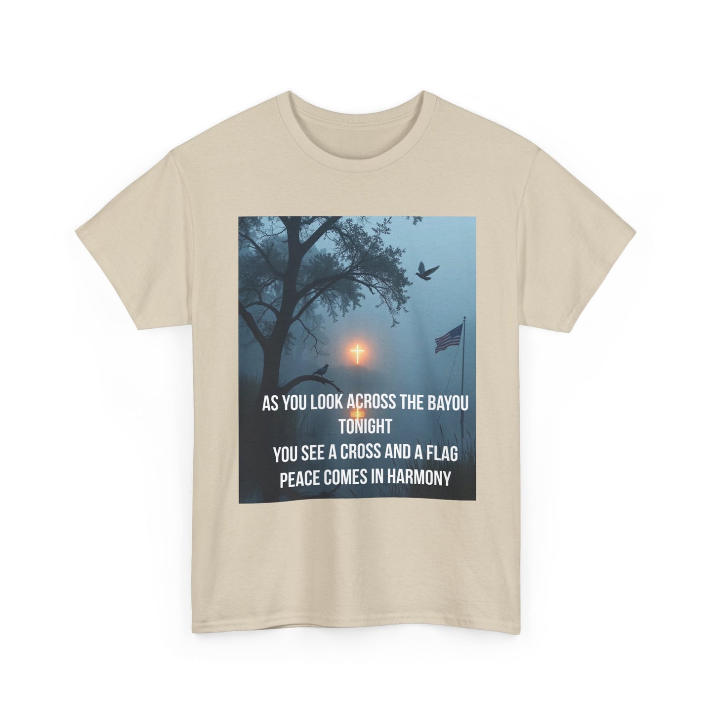 T‑Shirt — Bayou Cross & Flag Scene with Lyrics: “As You Look Across the Bayou Tonight”