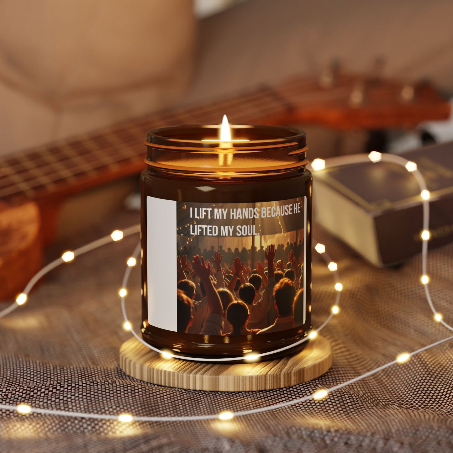 Inspirational Worship Soy Candle — “I Lift My Hands Because He Lifted My Soul” (Amber Jar)