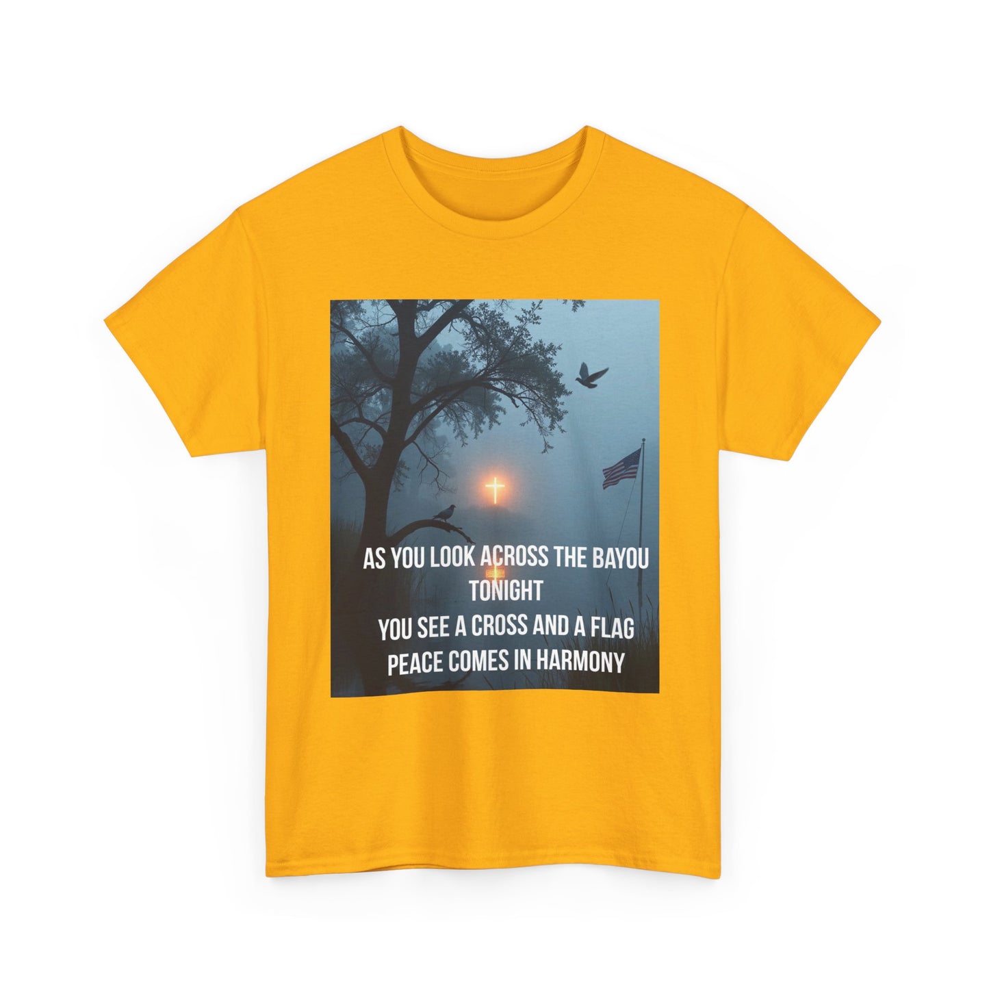 T‑Shirt — Bayou Cross & Flag Scene with Lyrics: “As You Look Across the Bayou Tonight”