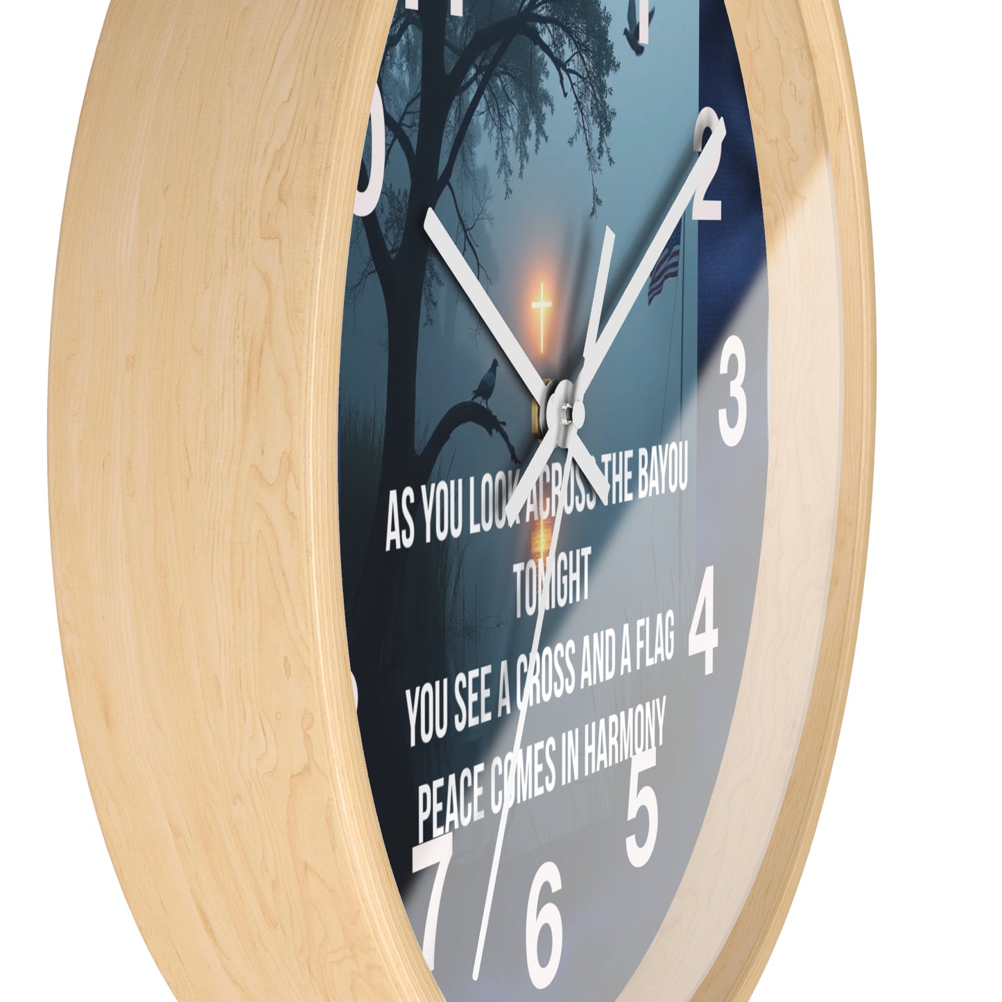 Bayou Cross & Flag Wall Clock — Patriotic Peaceful Scene with Lyrics