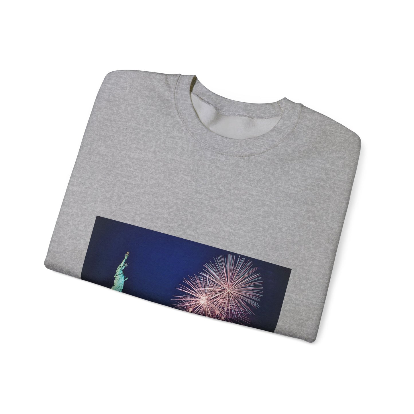 Liberty Night Crewneck Sweatshirt — Statue of Liberty Fireworks "Her Torch Still Lights the Path to Freedom"