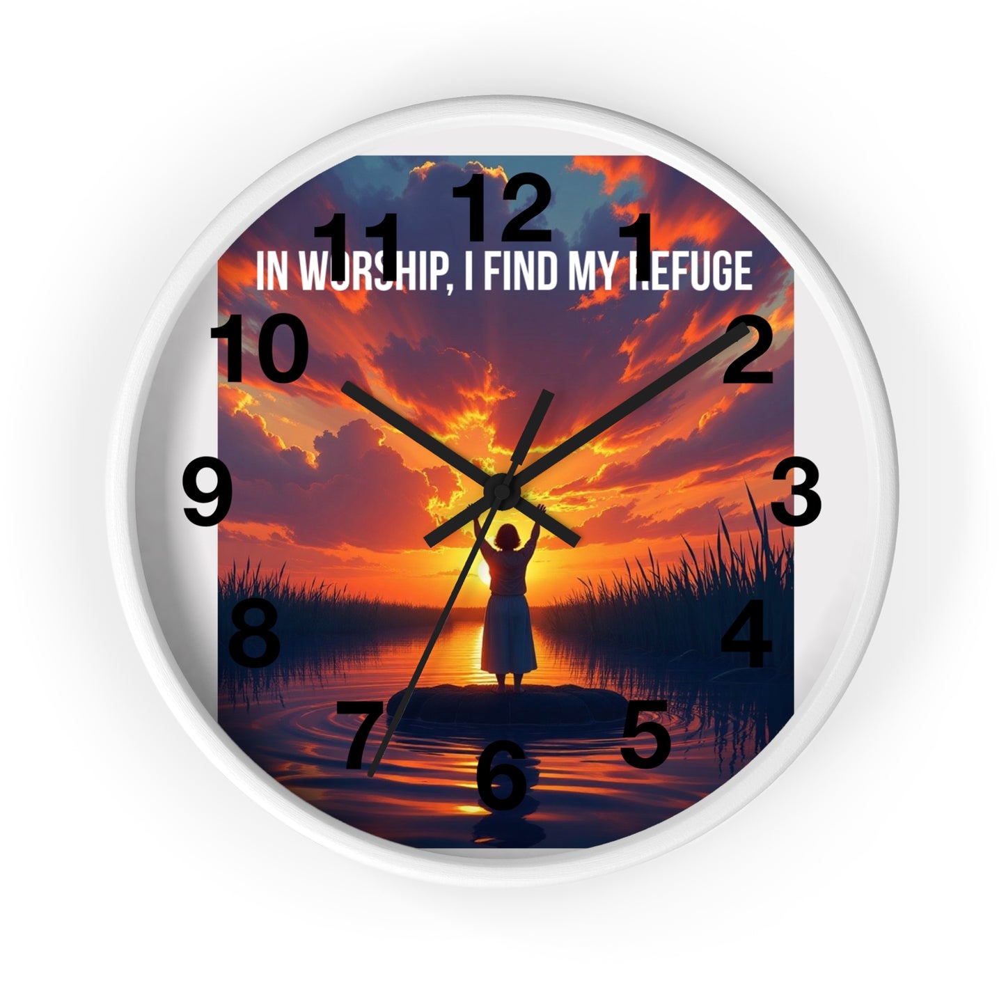 Wall Clock — "In Worship, I Find My Refuge" Sunset Silhouette Christian Clock
