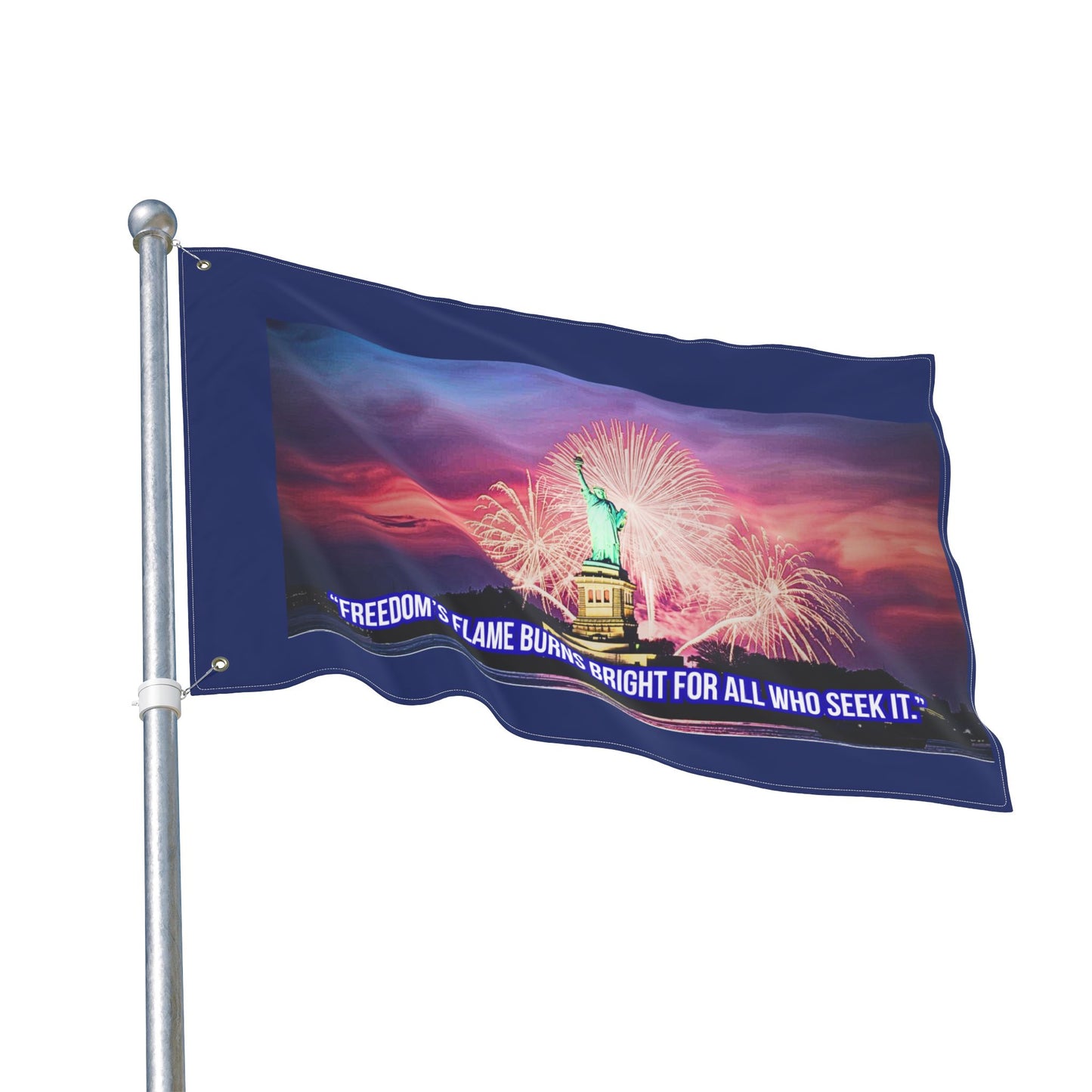 Double-Sided Flag - Statue of Liberty Fireworks Design with Quote "Freedom's Flame Burns Bright For All Who Seek It" — Patriotic [...]