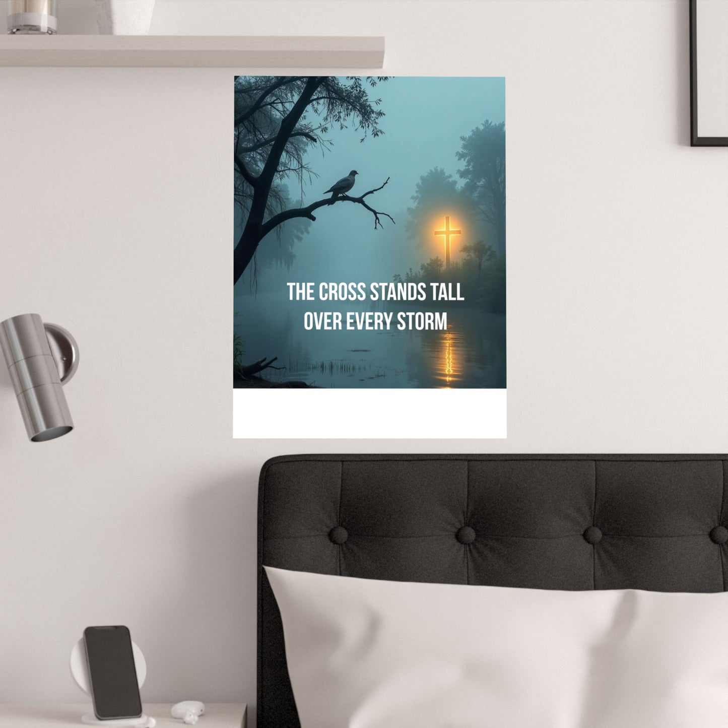 Satin Poster — "The Cross Stands Tall Over Every Storm" Inspirational Christian Wall Art