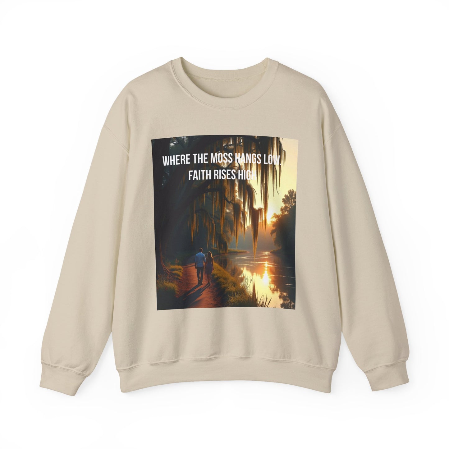 Inspirational Southern Bayou Sweatshirt — "Where the Moss Hangs Low, Faith Rises High"