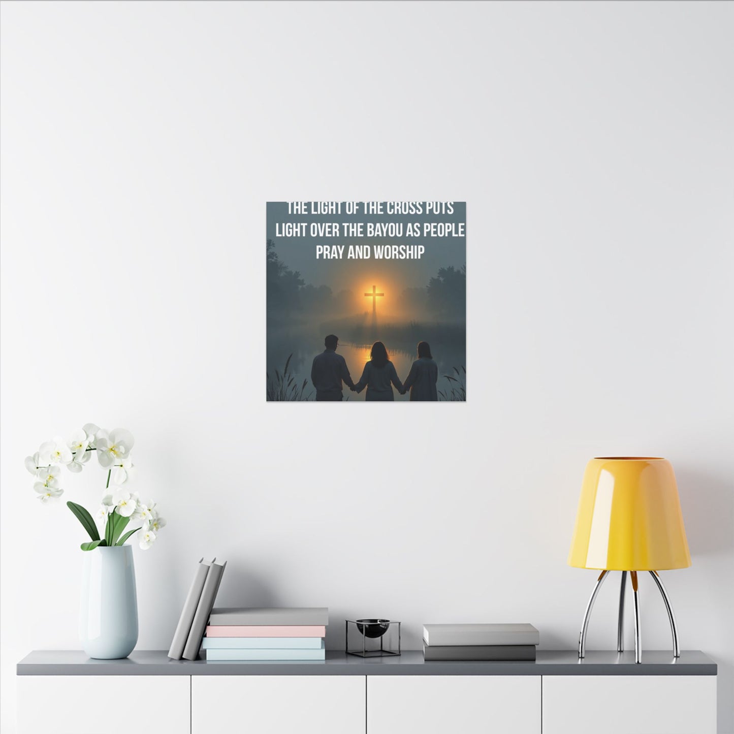 Faith Wall Art Canvas — “The Light of the Cross Puts Light Over the Bayou as People Pray and Worship”