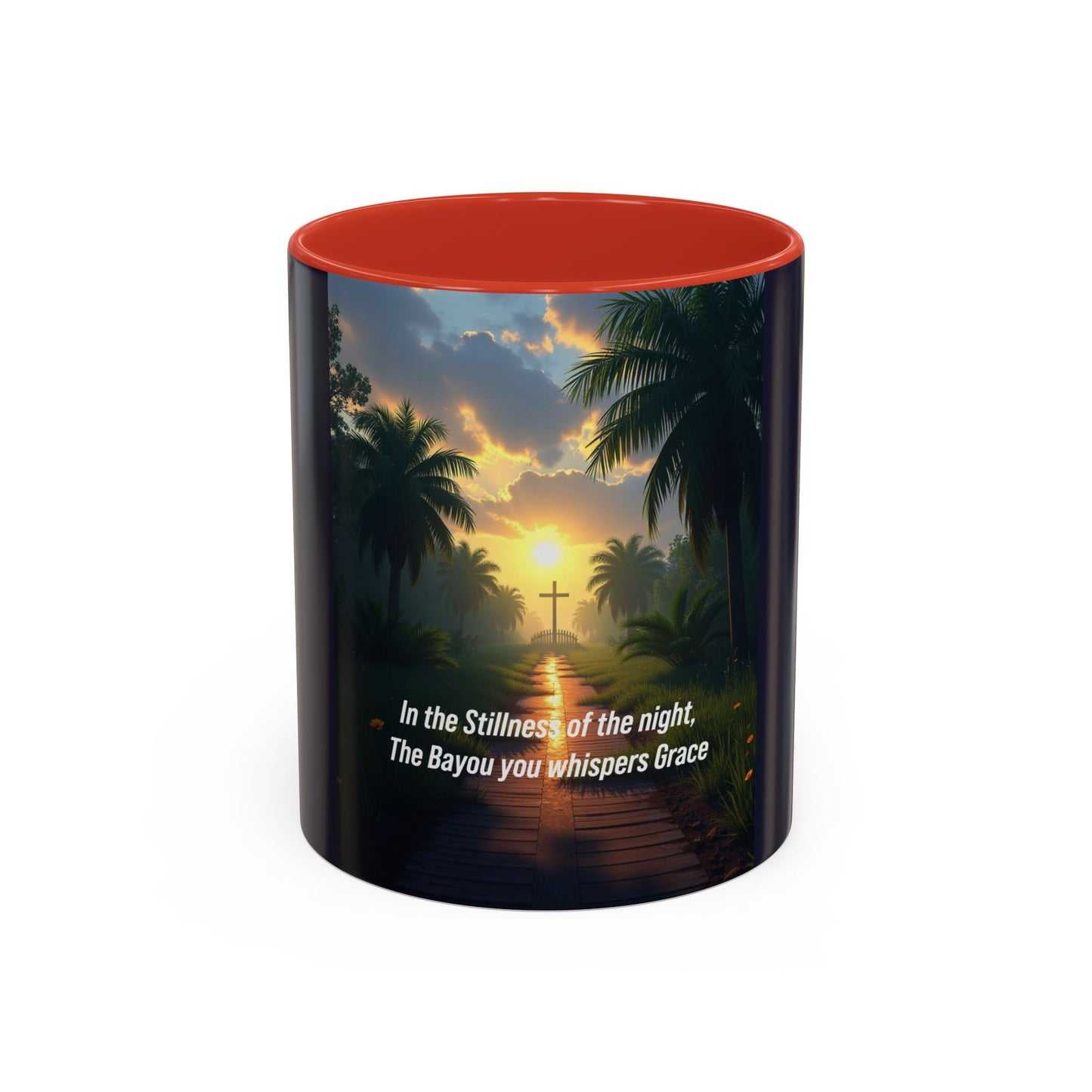 Accent Coffee Mug — Tranquil Bayou Sunset Mug with Cross & Inspirational Quote