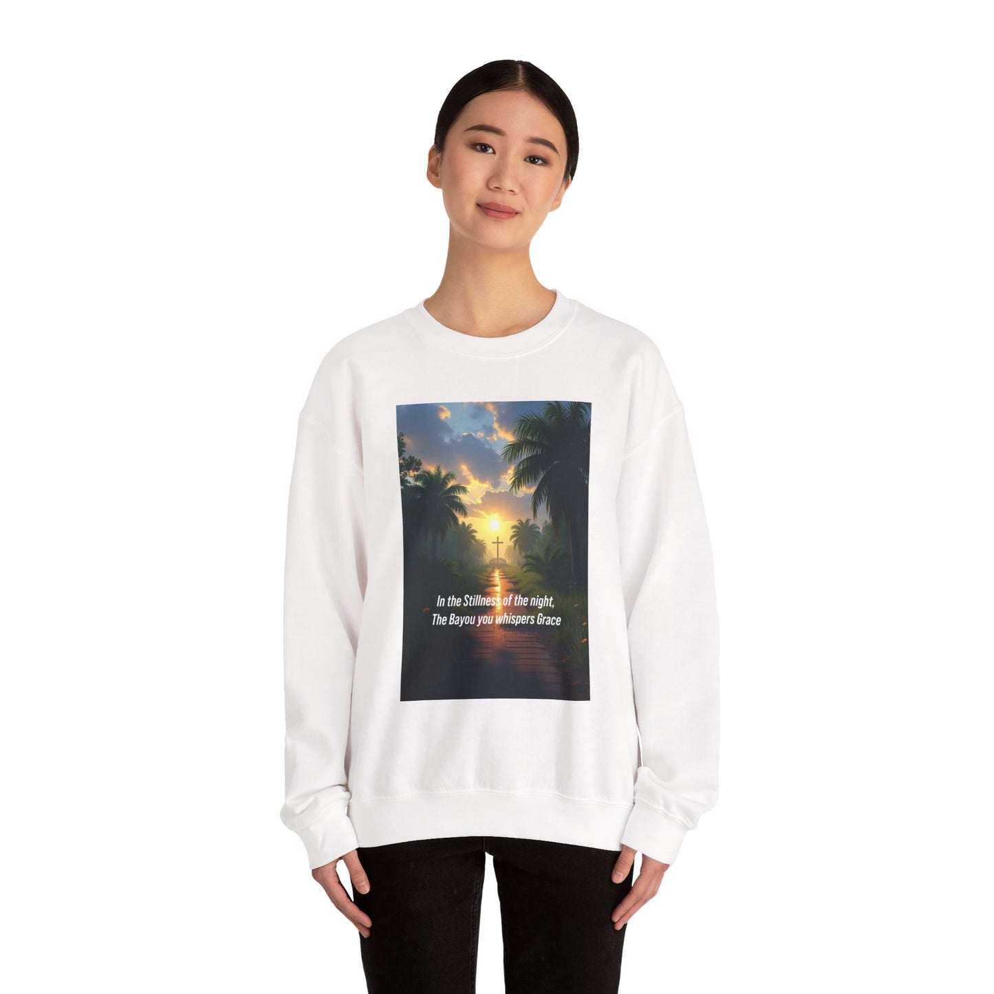 Sunset Palm Cross Sweatshirt — 'In the stillness of the night, The Bayou you whisper Grace'