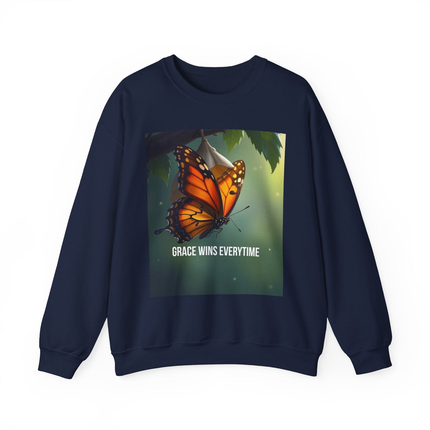 Crewneck Sweatshirt — Grace Wins Everytime Monarch Butterfly Inspirational Tee