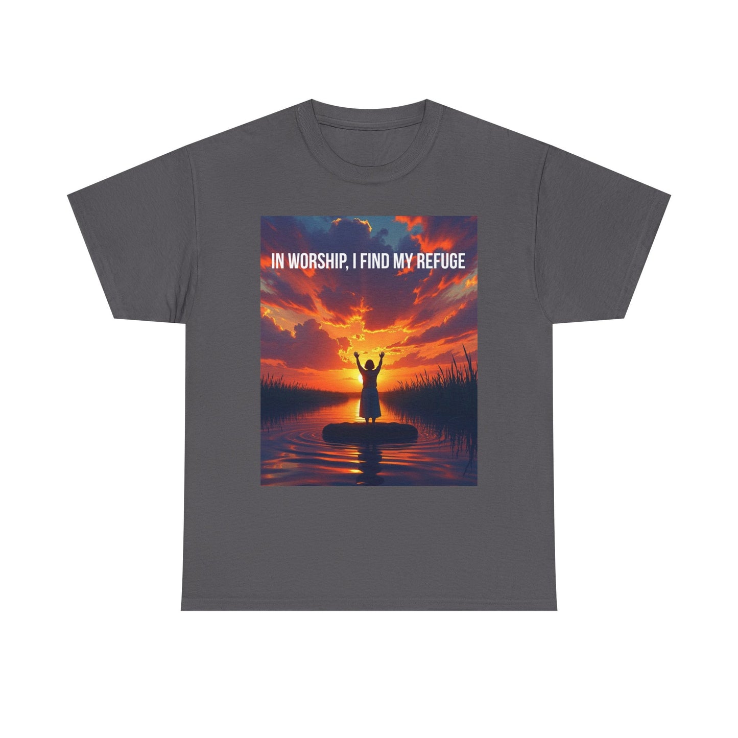 Worship Refuge T-Shirt — "In Worship, I Find My Refuge" Sunset Silhouette Christian Tee
