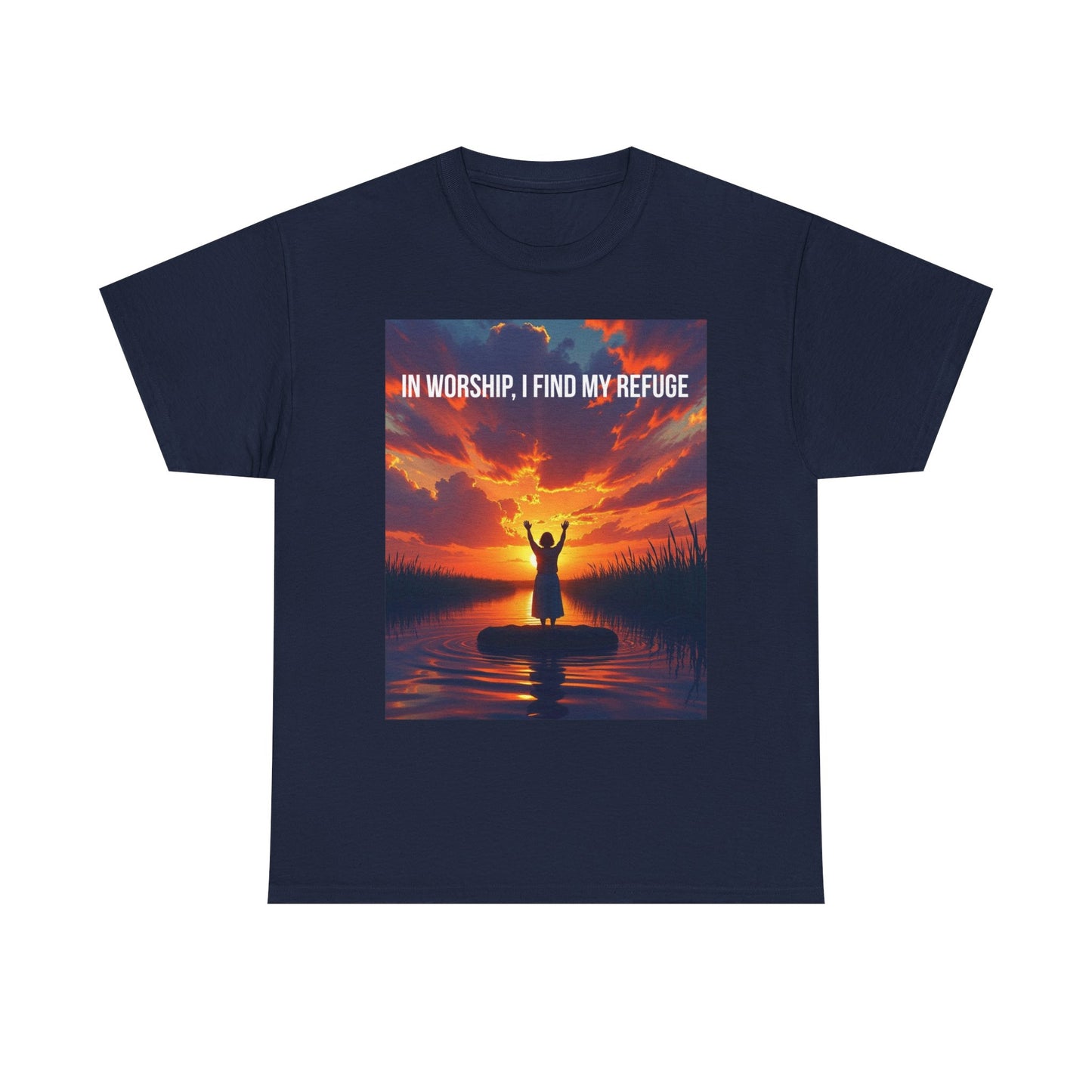 Worship Refuge T-Shirt — "In Worship, I Find My Refuge" Sunset Silhouette Christian Tee