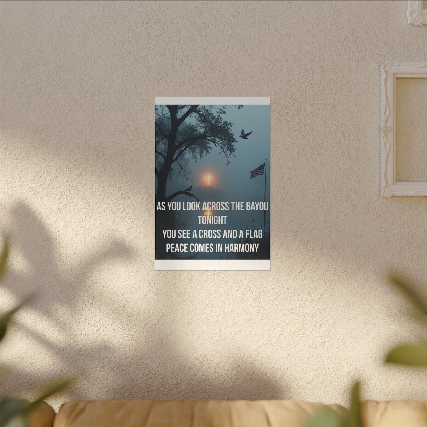 Bayou Cross & Flag Matte Canvas Wall Art – Inspirational Patriotic Christian Quote
