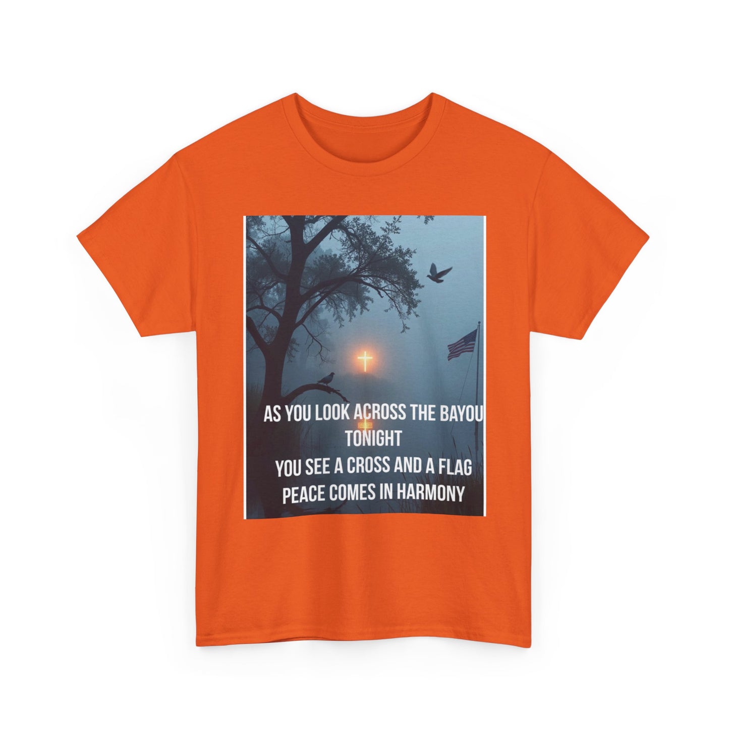 T-Shirt — Bayou Sunset Cross & Flag Graphic Tee ("As You Look Across the Bayou Tonight")