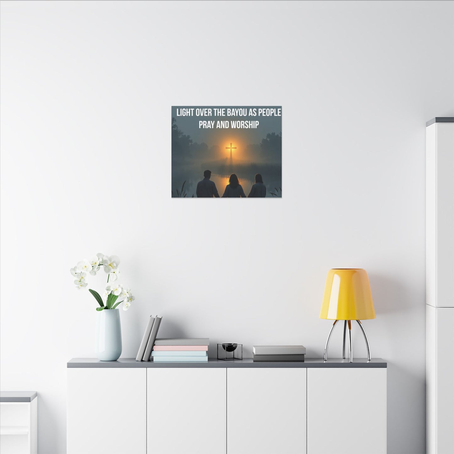 Faith Wall Art Canvas — “The Light of the Cross Puts Light Over the Bayou as People Pray and Worship”