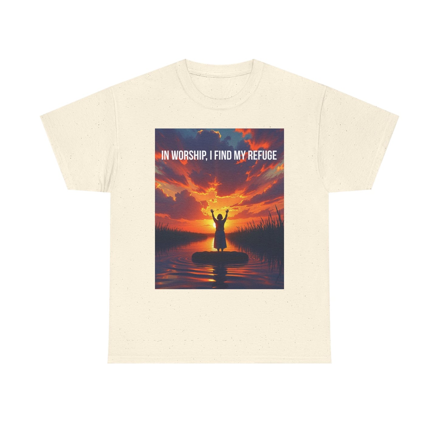 Worship Refuge T-Shirt — "In Worship, I Find My Refuge" Sunset Silhouette Christian Tee