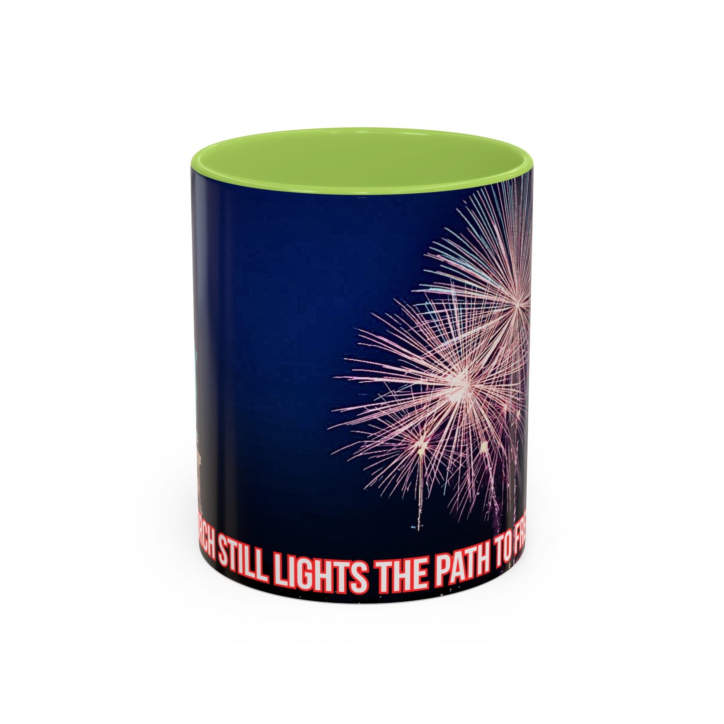 Fireworks Accent Coffee Mug — Inspirational "Lights the Path to Freedom" Design
