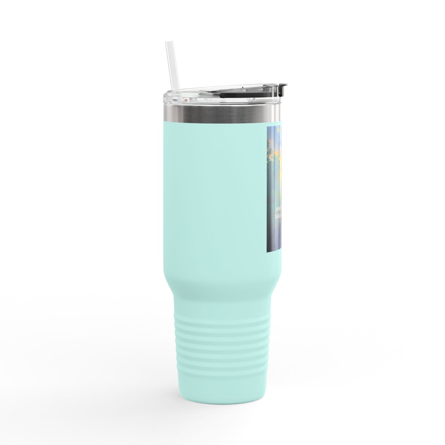 40oz Insulated Travel Mug — Tropical Sunset Design with Inspirational Quote