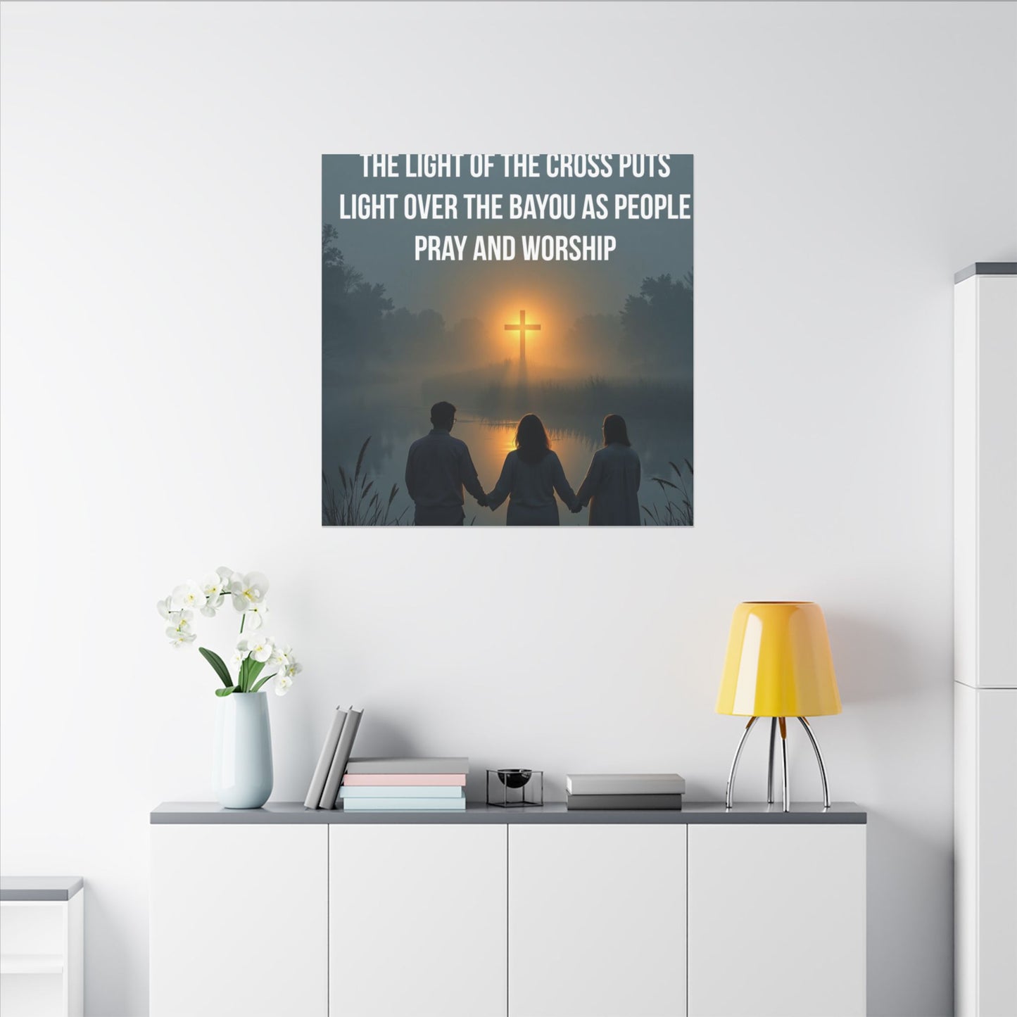 Faith Wall Art Canvas — “The Light of the Cross Puts Light Over the Bayou as People Pray and Worship”