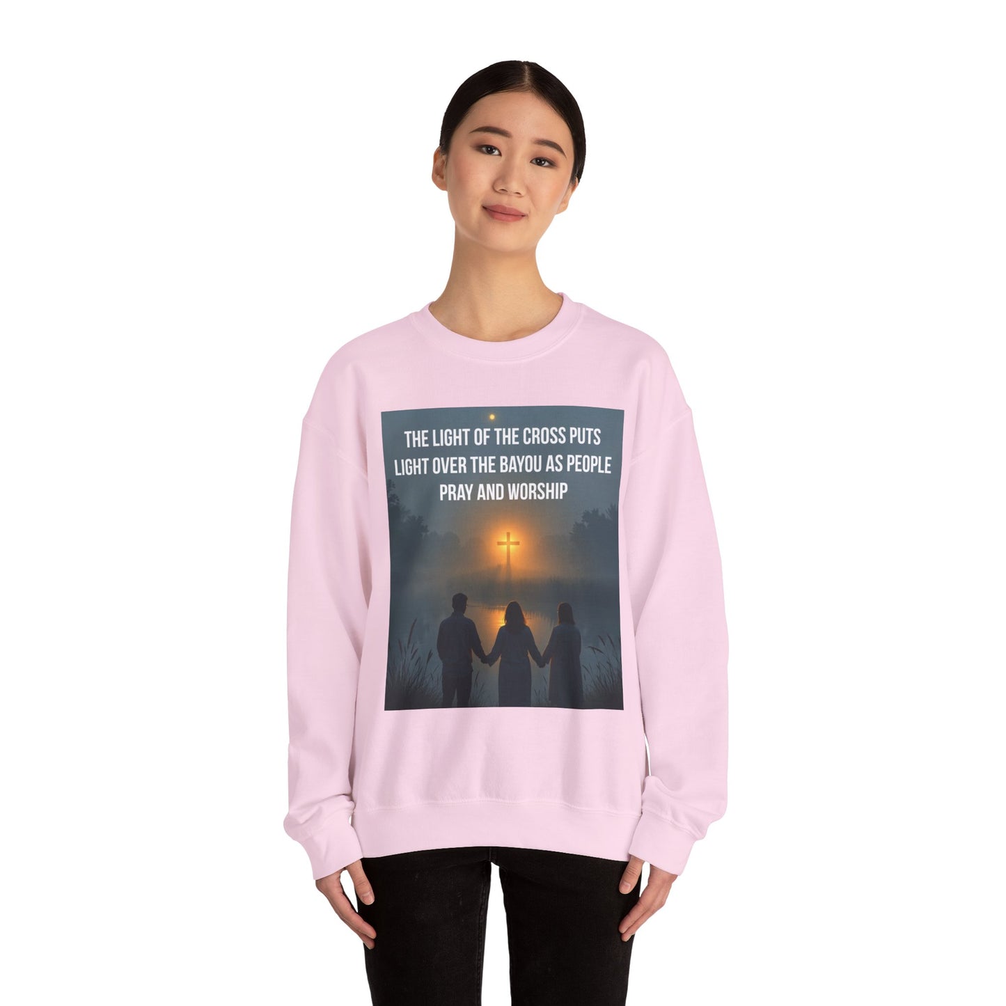 Christian Crewneck Sweatshirt — "The Light of the Cross Puts Light Over the Bayou" Graphic