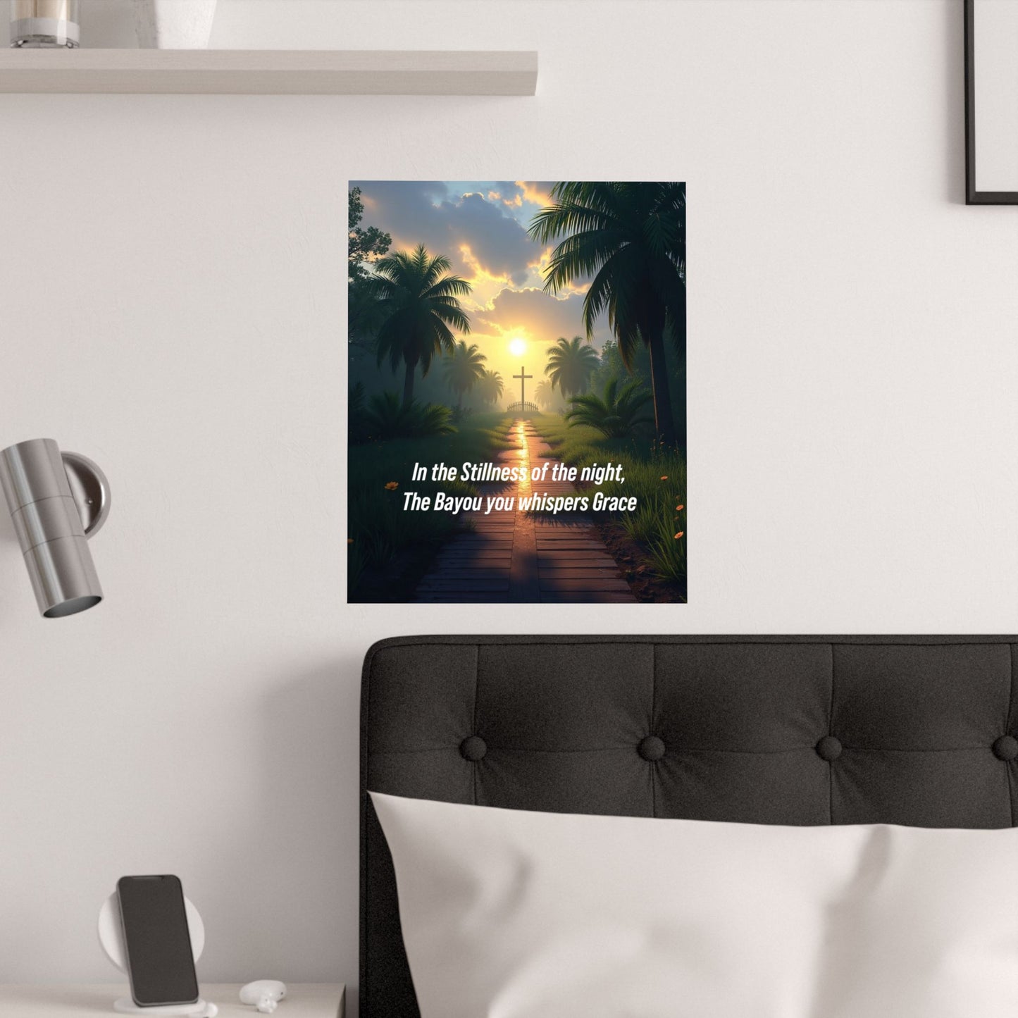 Christian Bayou Sunset Satin Poster — "In the Stillness of the Night, The Bayou You Whispers Grace"