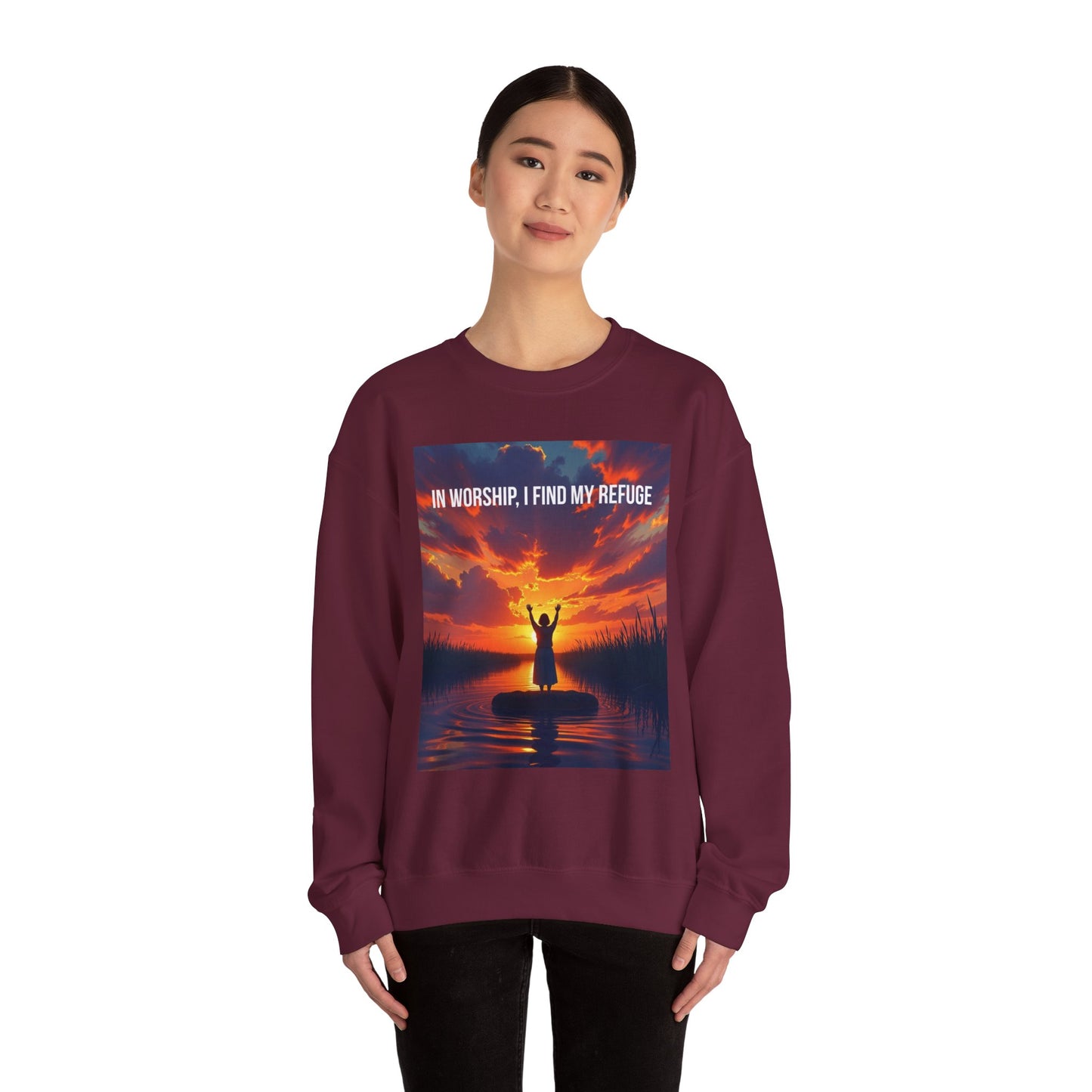 Worship Refuge Crewneck Sweatshirt — "In Worship, I Find My Refuge" Inspirational Faith Sweatshirt
