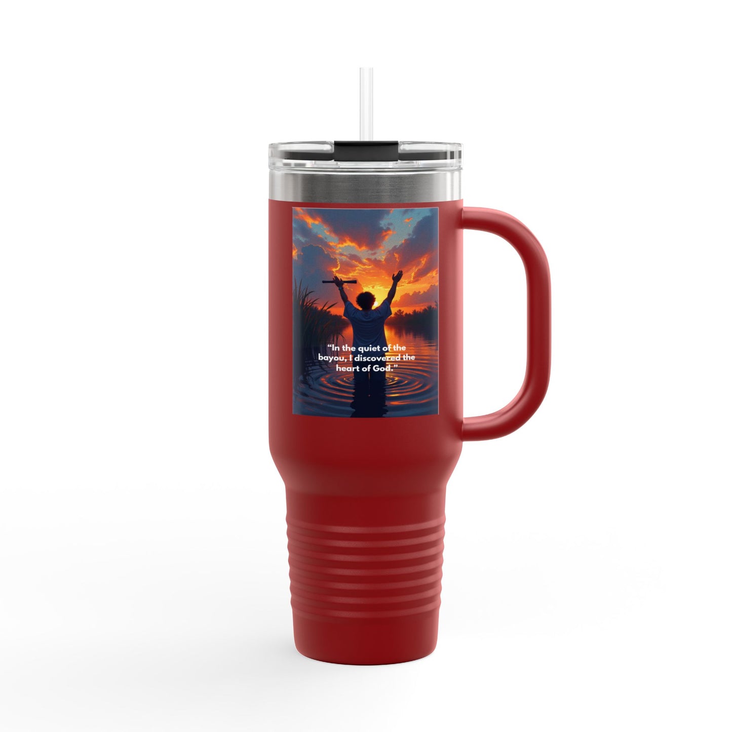 40oz Insulated Travel Mug — Christian Sunrise Design with Scripture Quote