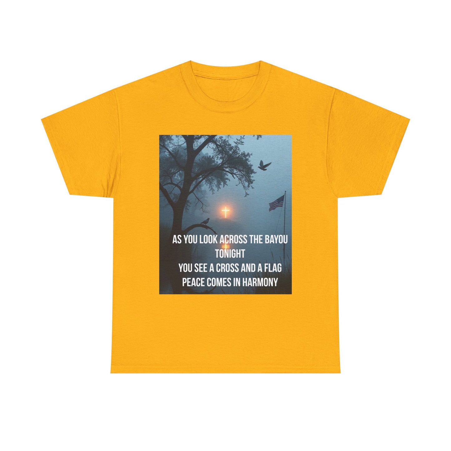 T‑Shirt — Bayou Cross & Flag Scene with Lyrics: “As You Look Across the Bayou Tonight”