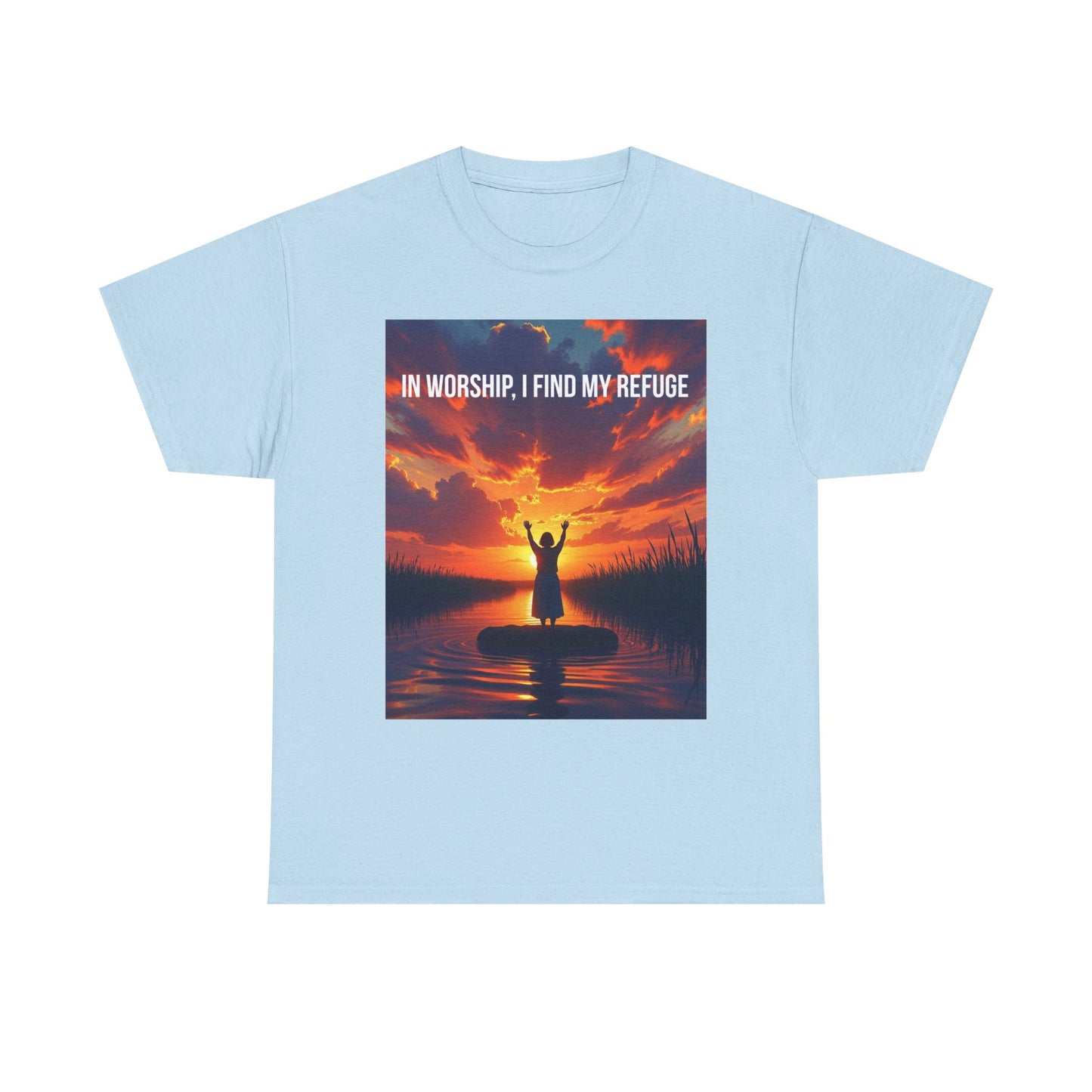 Worship Refuge T-Shirt — "In Worship, I Find My Refuge" Sunset Silhouette Christian Tee