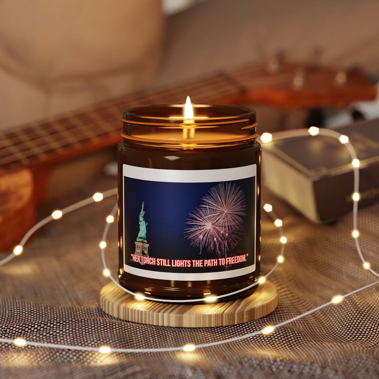 Liberty Night Soy Candle — Amber Jar, Statue of Liberty & Fireworks Design