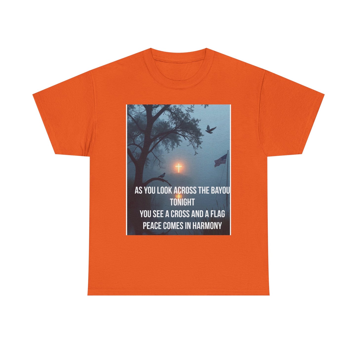 T-Shirt — Bayou Sunset Cross & Flag Graphic Tee ("As You Look Across the Bayou Tonight")
