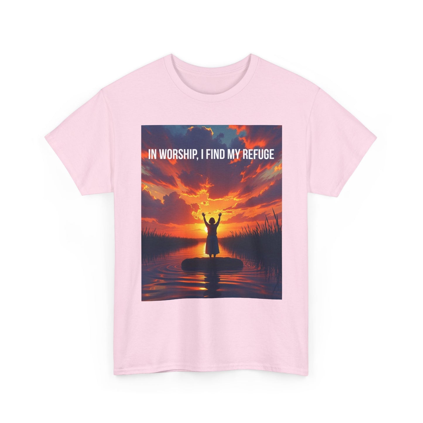 Worship Refuge T-Shirt — "In Worship, I Find My Refuge" Sunset Silhouette Christian Tee