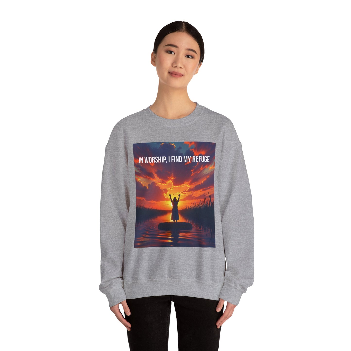 Worship Refuge Crewneck Sweatshirt — "In Worship, I Find My Refuge" Inspirational Faith Sweatshirt