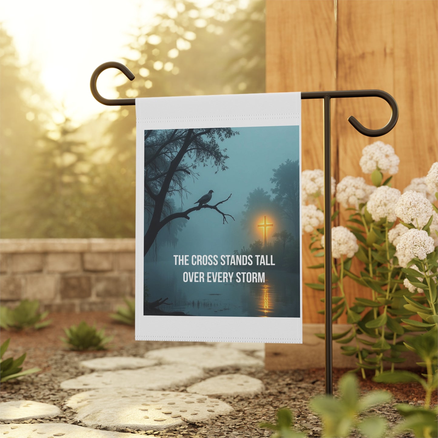 Faith Garden Flag — "The Cross Stands Tall Over Every Storm" Religious Outdoor Banner