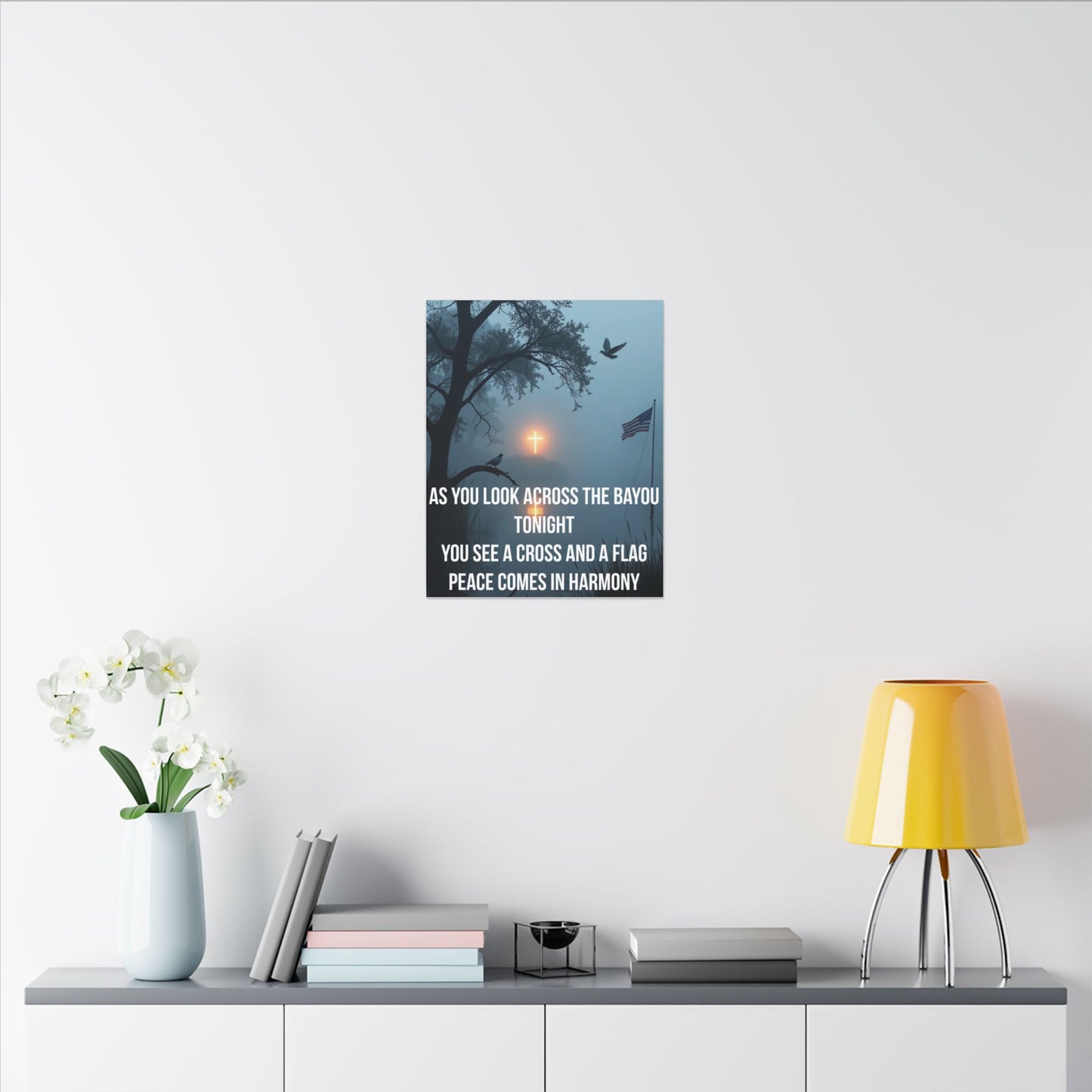 Bayou Cross & Flag Matte Canvas Wall Art – Inspirational Patriotic Christian Quote