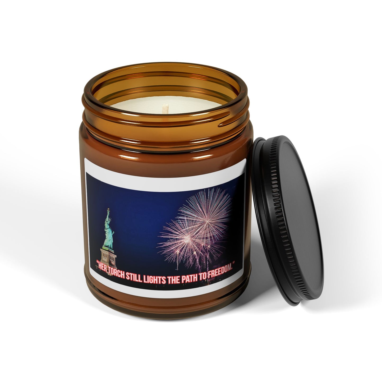 Liberty Night Soy Candle — Amber Jar, Statue of Liberty & Fireworks Design