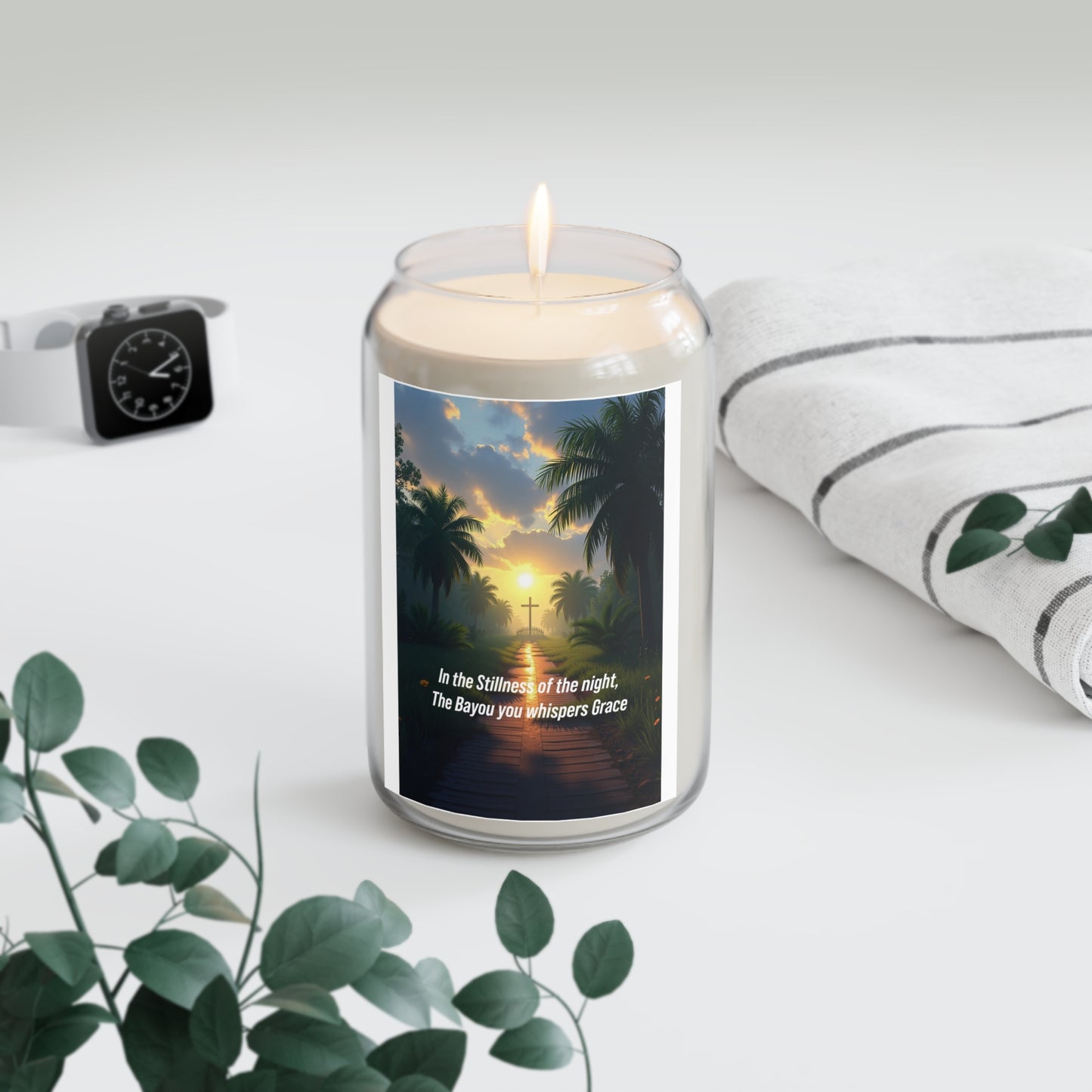 Inspirational Bayou Candle — 13.75oz Scented Soy Candle with "In the Stillness of the Night, The Bayou you whispers Grace"